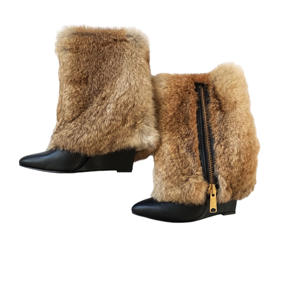 Faux Fur Heeled Boots - Black and Brown